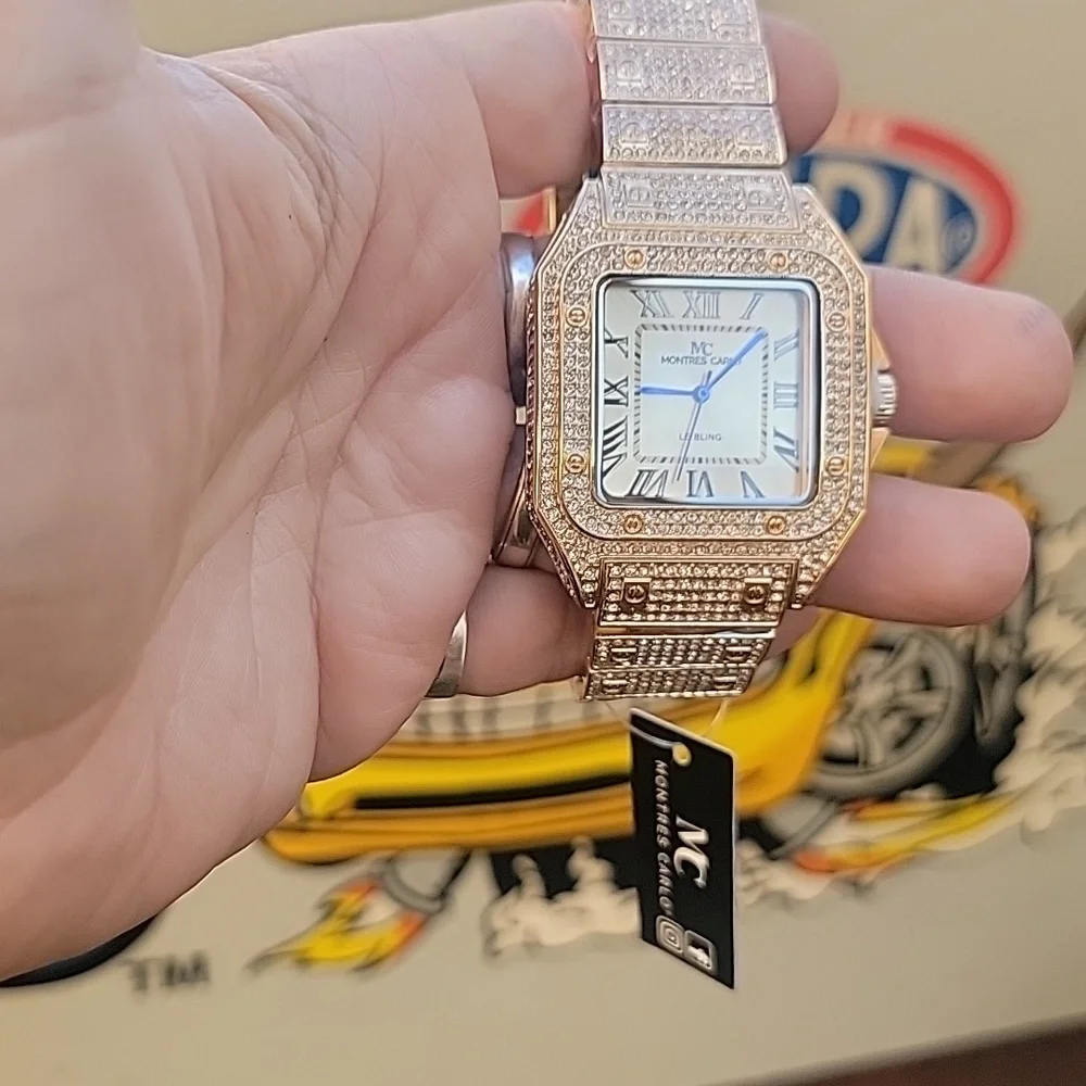 NWT Montres Carlo 45mm Pave Crystal Chunky Quartz Watch Gold Tone Iced Out Bling